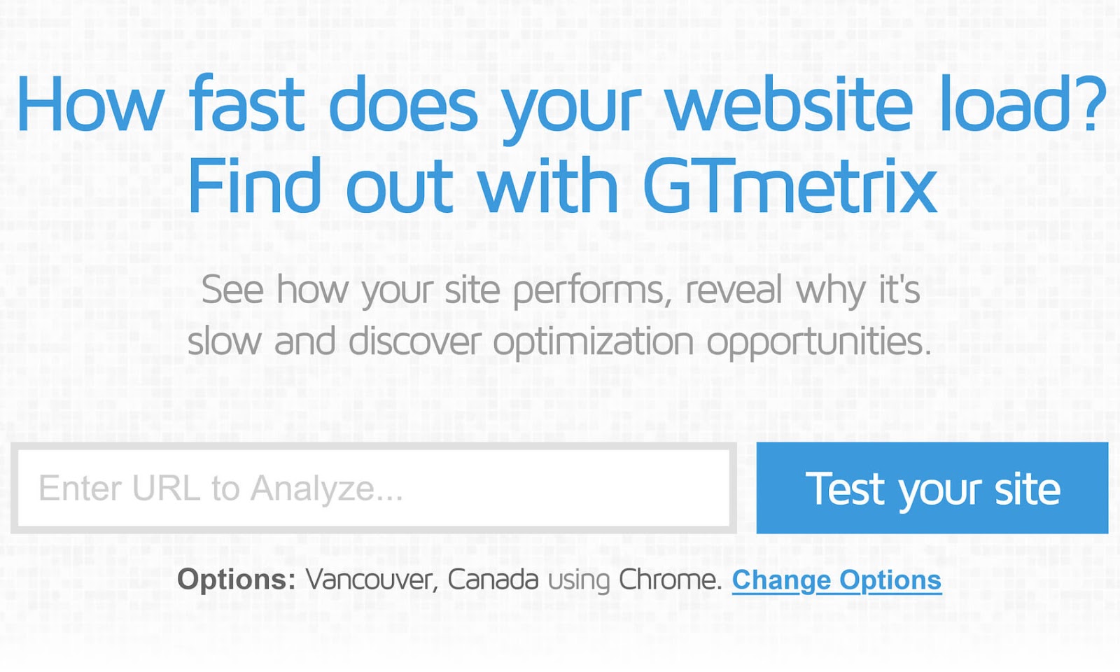 GTmetrix est un outil de test de vitesse de site web doté d'une zone de recherche pour saisir une URL et d'un bouton bleu « Tester votre site ».