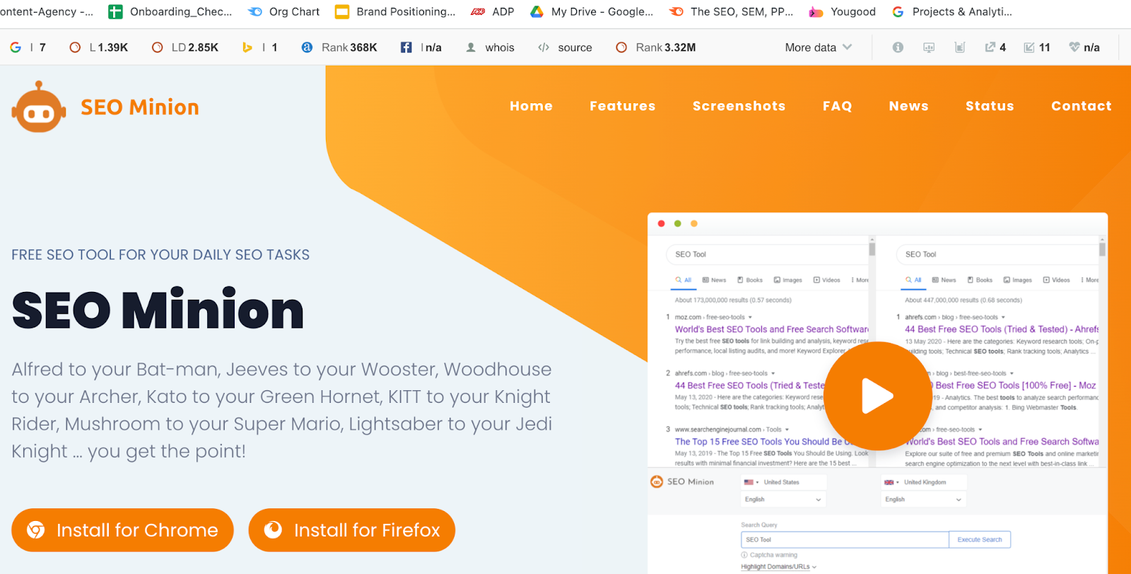 SEO Minion - the SEO tool for your SEO tasks screenshot of the home page