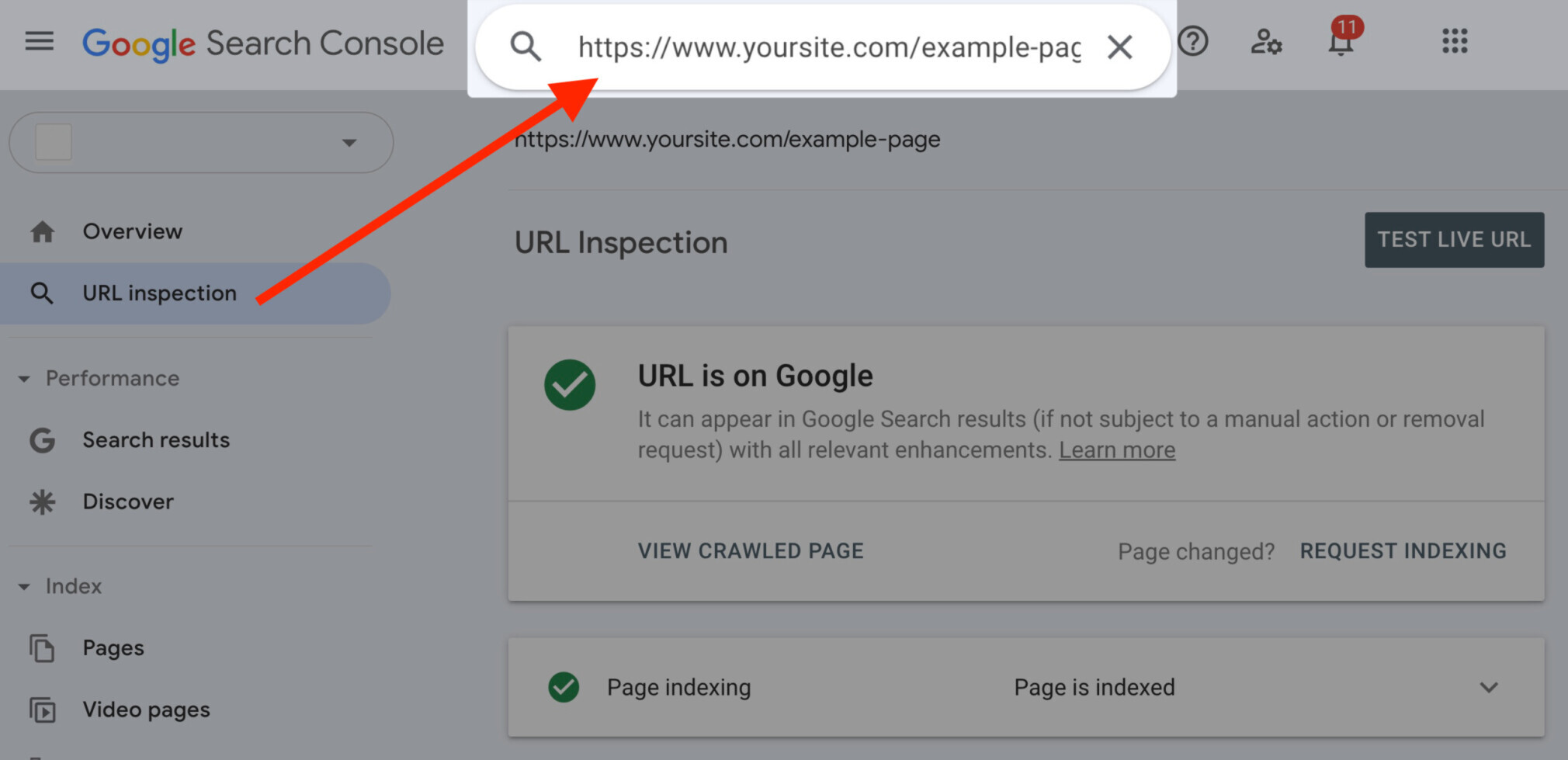procurando uma página no google search console