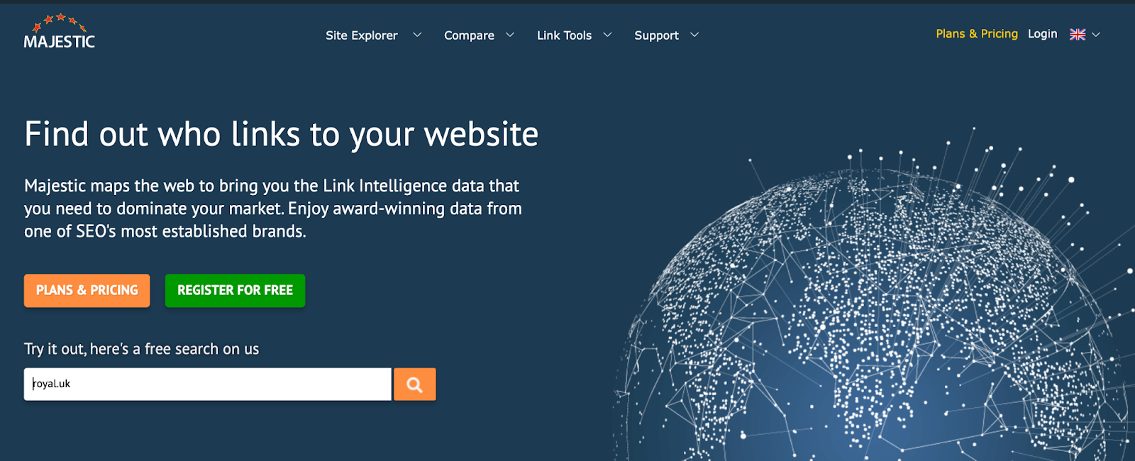 Majestic home page - "Find out who links to your website"
