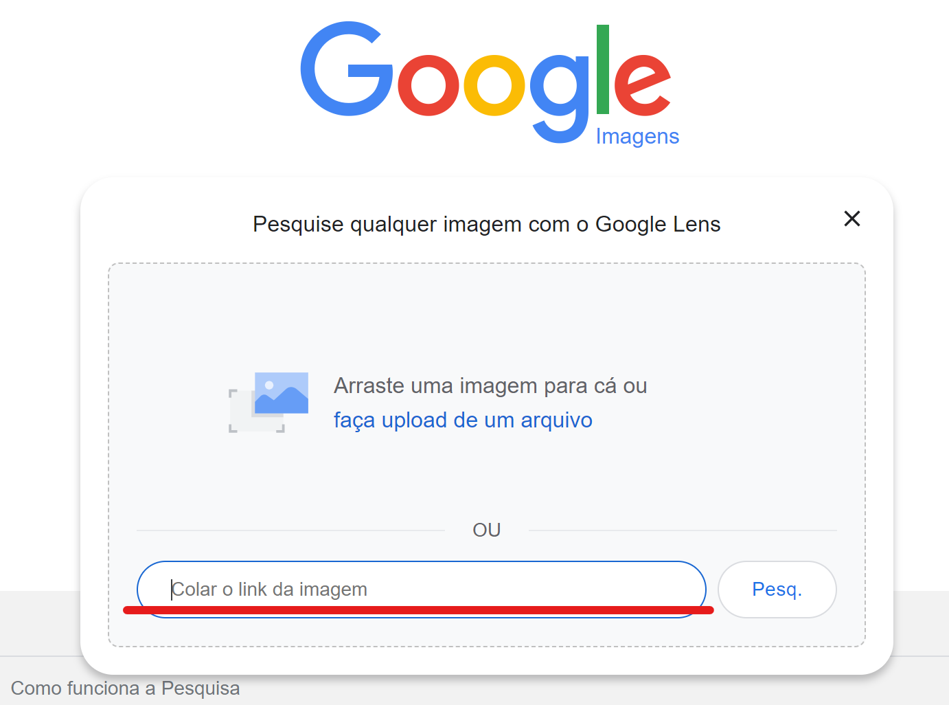 pesquisa reversa de imagens - opção de colar o link da imagem no google