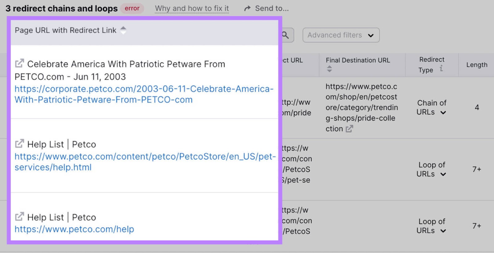 Un elenco della catena di reindirizzamento e dei loop di URL interessati
