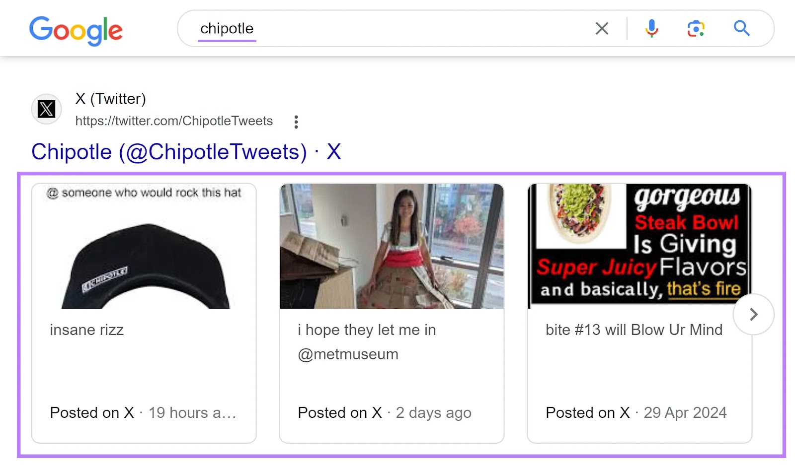 SERP de Google de la palabra clave "chipotle" con un resultado X (Twitter) que muestra tres tweets.