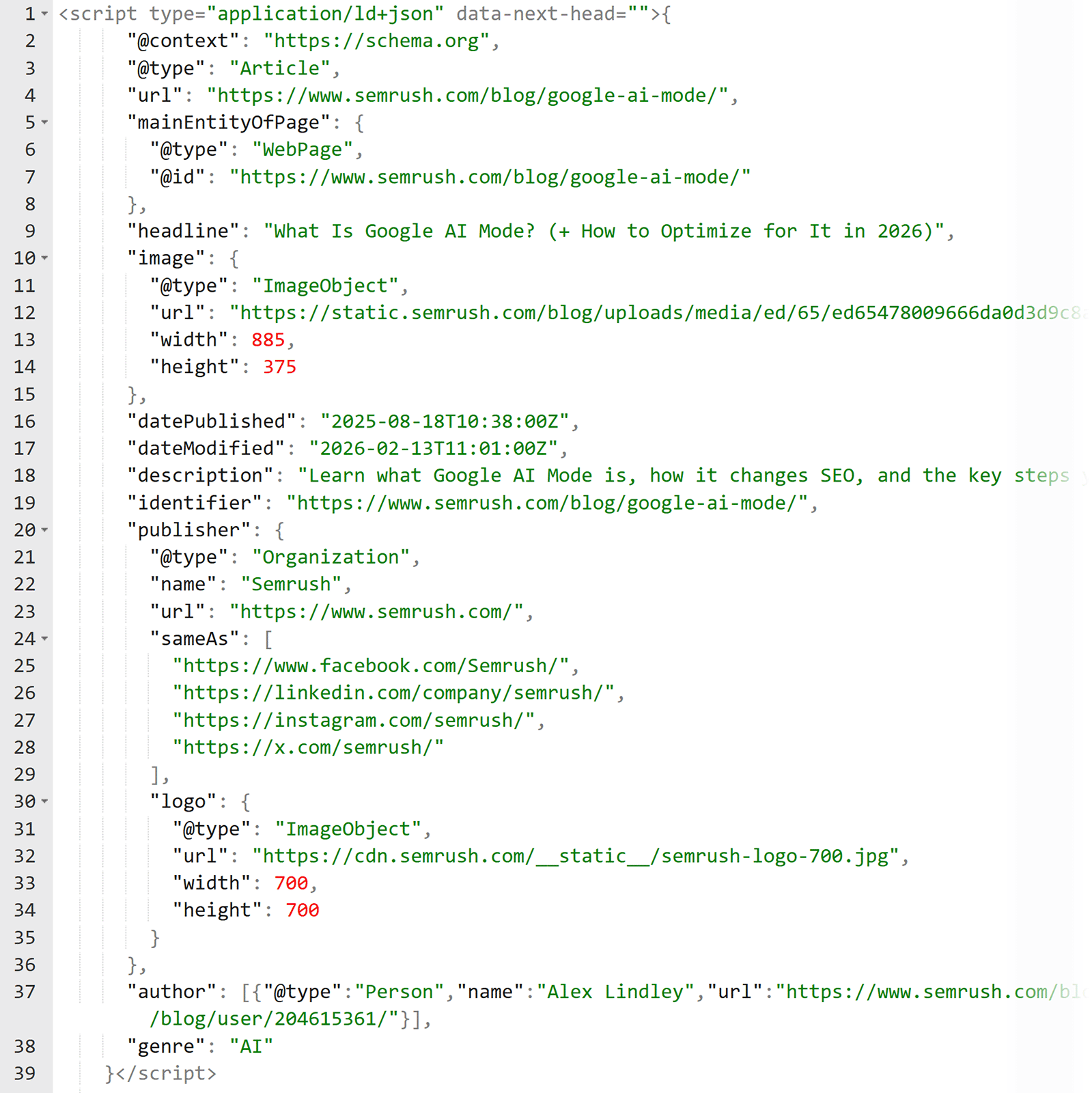 JSON-LD structured data markup for an article including headline, publisher, and image properties