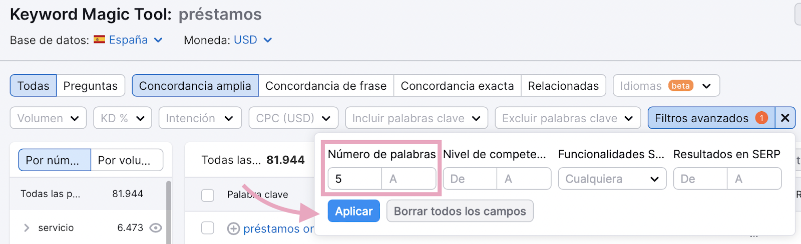 Filtrado de palabras clave en Keyword Magic Tool
