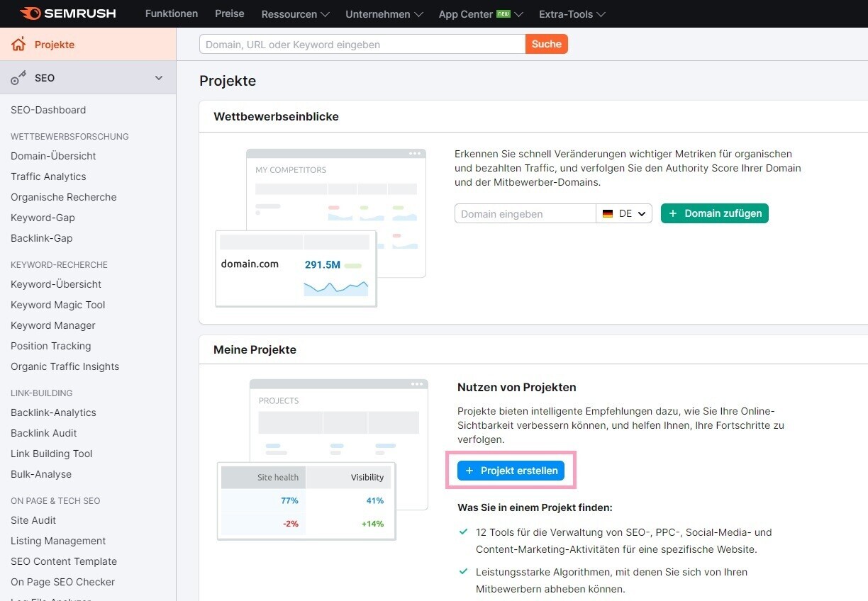 Lege zuerst im Semrush-Tool ein Projekt an