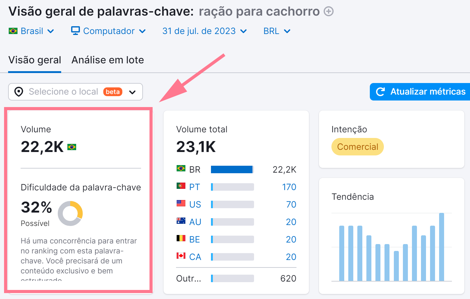 resultado da pesquisa de palavras-chave na ferramenta visão geral de palavras-chave