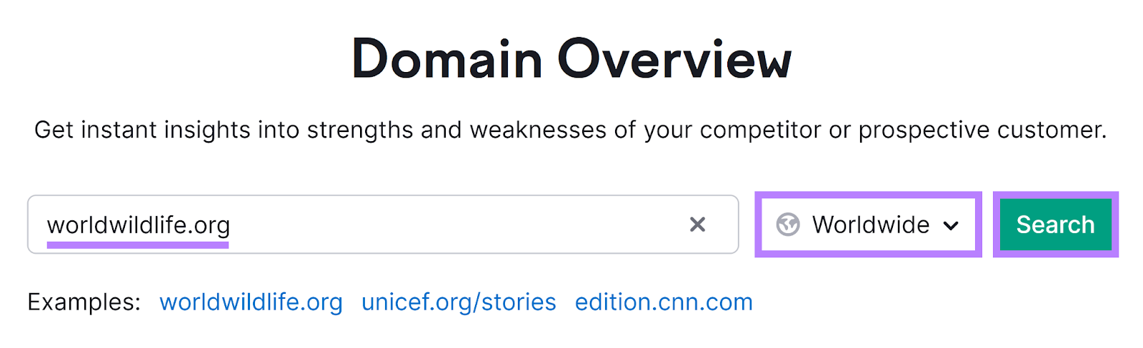 A ferramenta de Visão Geral de Domínios do Semrush inicia com o domínio, a localização e o botão de pesquisa destacados.