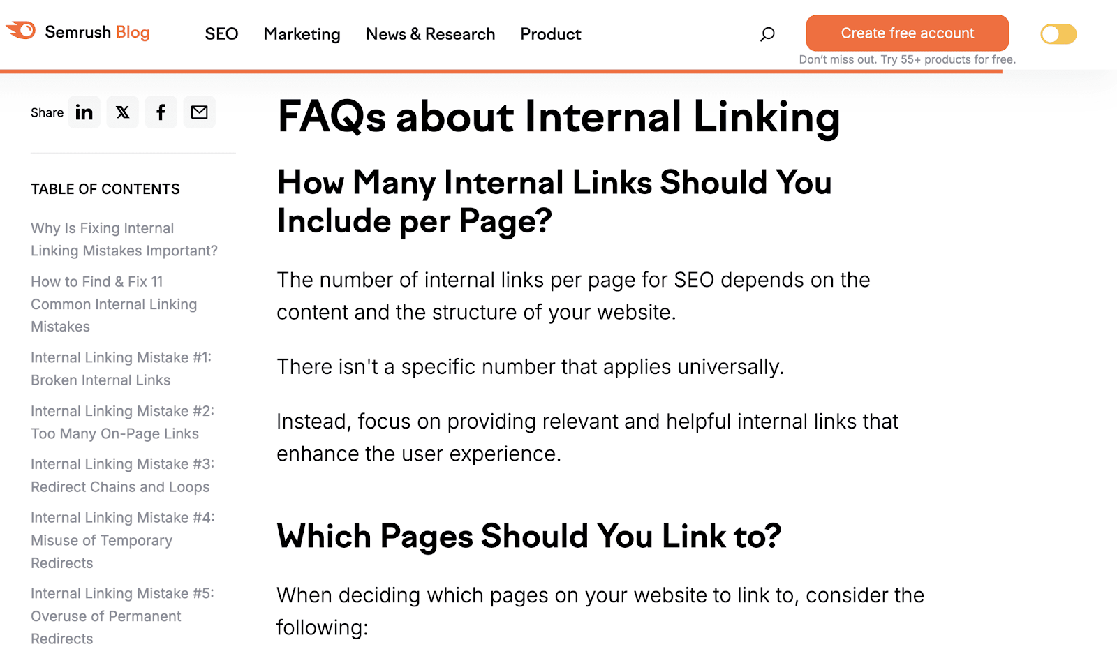 Trecho de uma postagem do blog da Semrush intitulada "Perguntas frequentes sobre links internos"