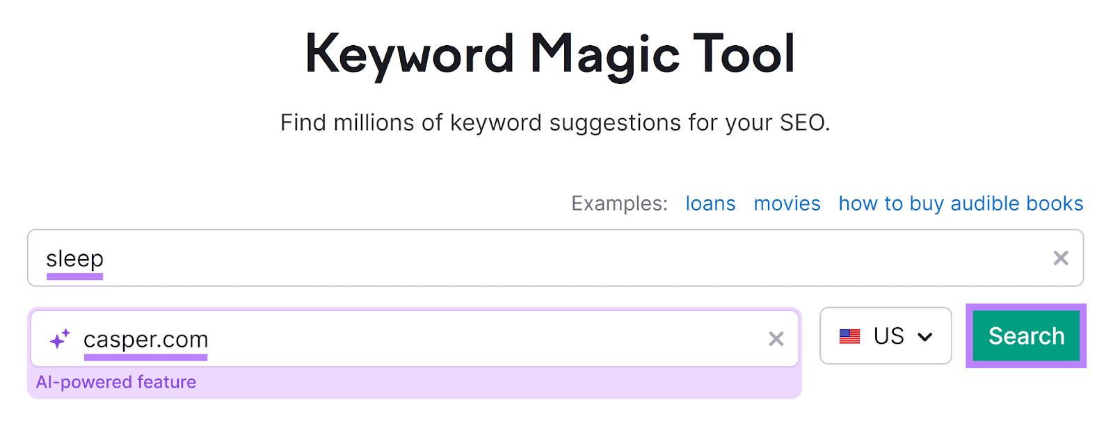Semrush Keyword Magic Tool startet mit eingegebenem Schlüsselwort und Domain und hervorgehobener Suchschaltfläche