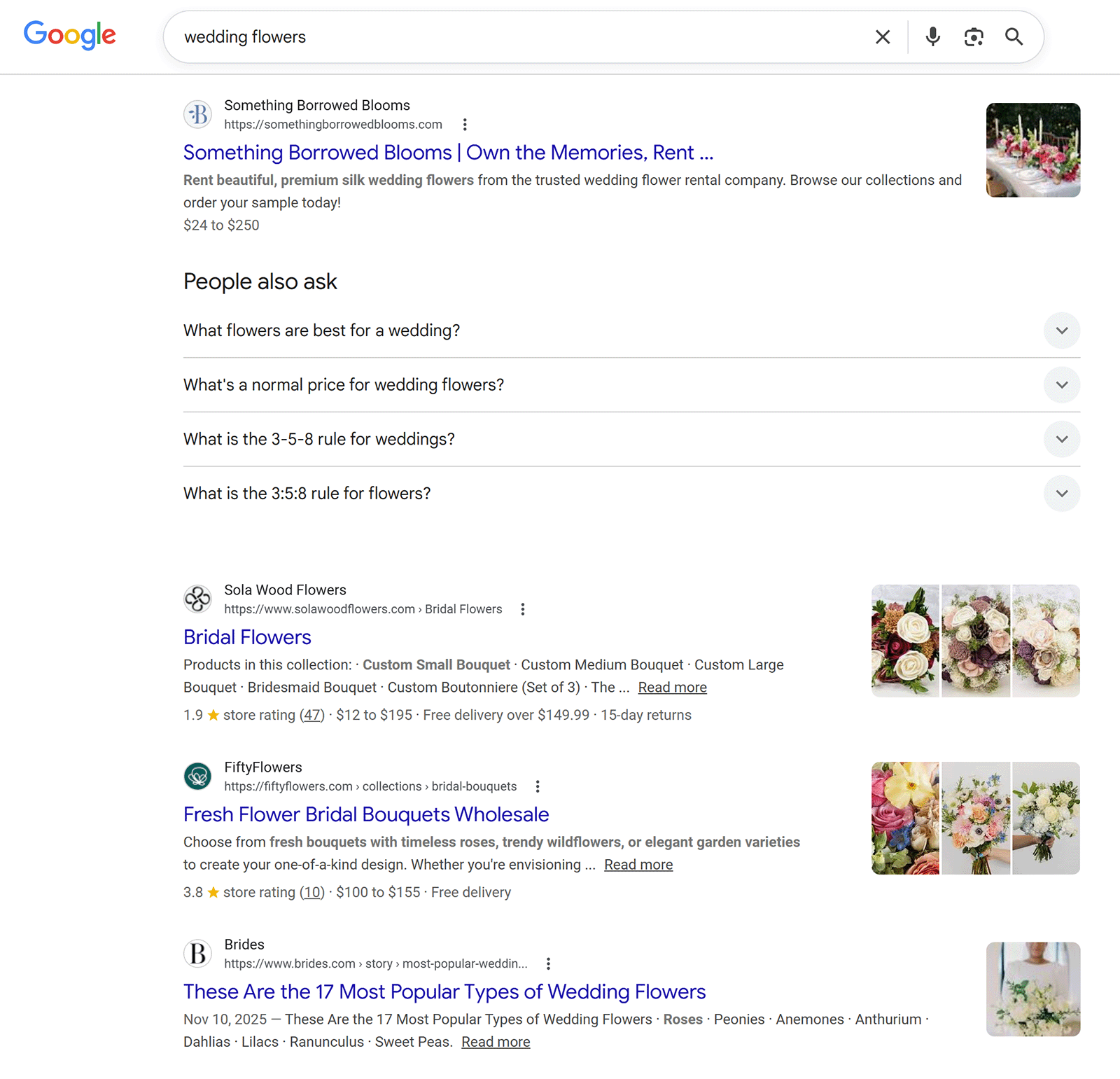 Google search results for “wedding flowers” with organic listings and People Also Ask section.