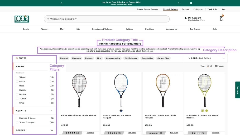 An example of optimized product categories on Dick’s website