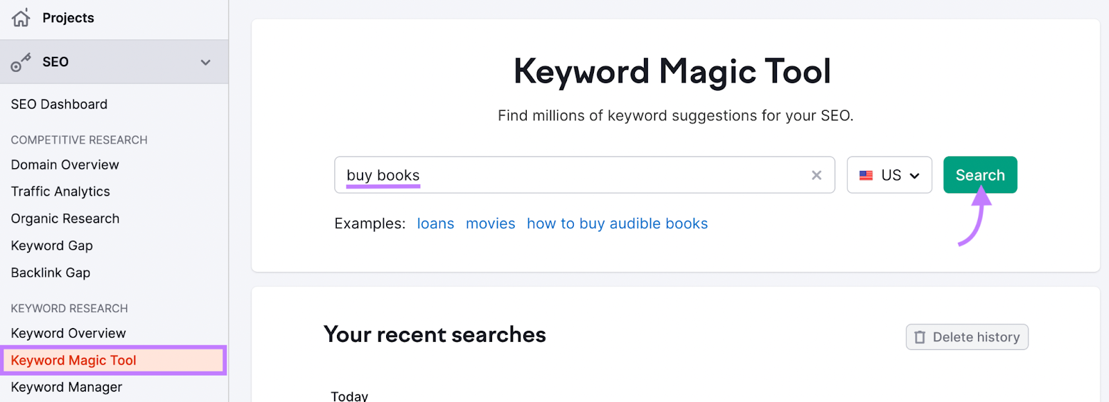 "comprar libros" introducido en la barra de búsqueda de Keyword Magic Tool