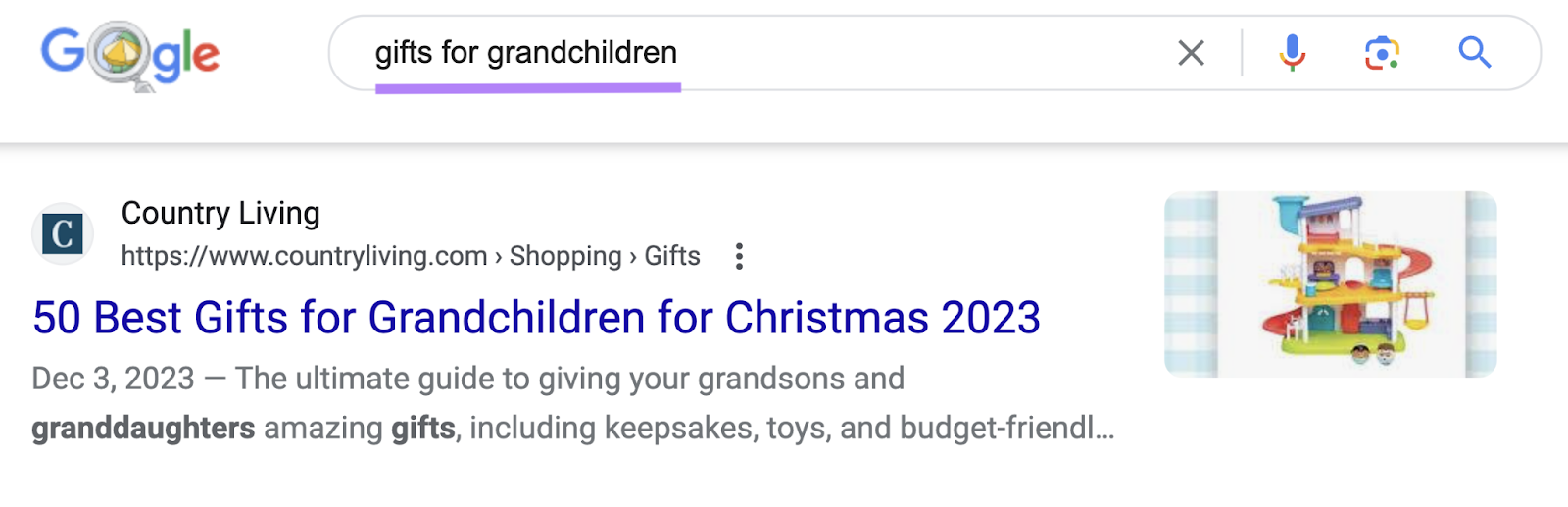 Primer resultado de búsqueda de Google para "regalos para nietos" consulta