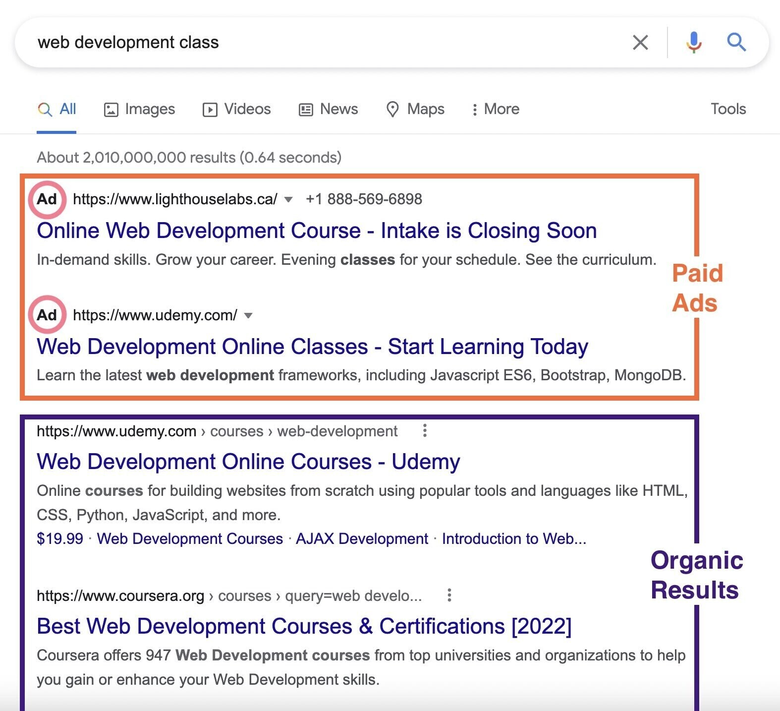 resultados orgánicos frente a resultados de pago en la búsqueda de Google