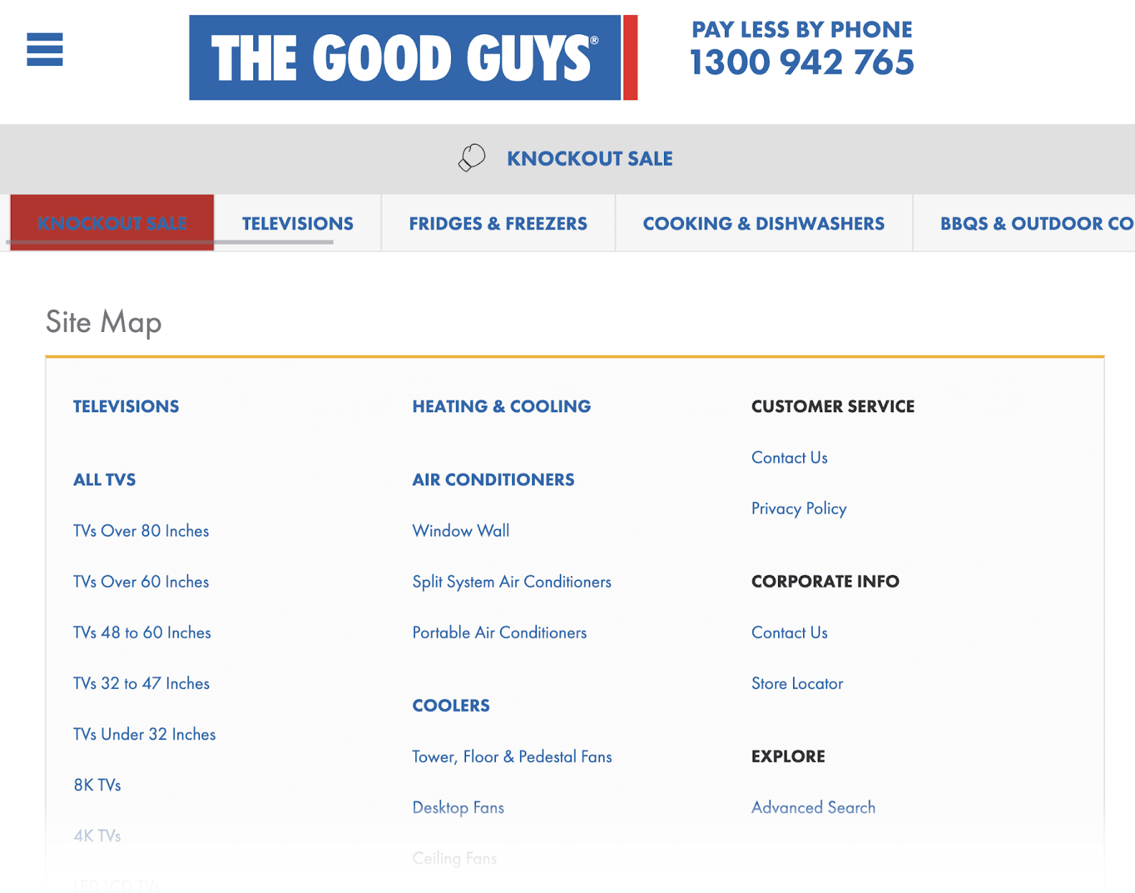 beispiel einer HTML-Sitemap von "The Good Guys", die eine vollständige Liste jeder Seite auf ihrer Website zeigt