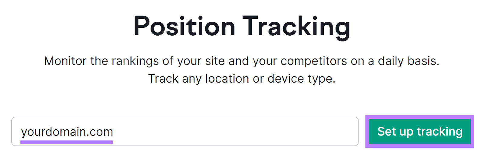 Página de inicio de Semrush Position Tracking con 'tudominio.com' en el campo de entrada y el botón 'Configurar seguimiento' resaltado.