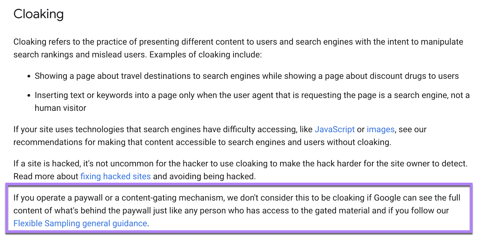 Sección "Cloaking" de las políticas de spam de Google