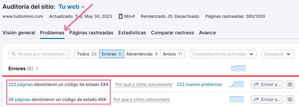 Comprobar los códigos de estado 4XX con Auditoría del sitio de Semrush