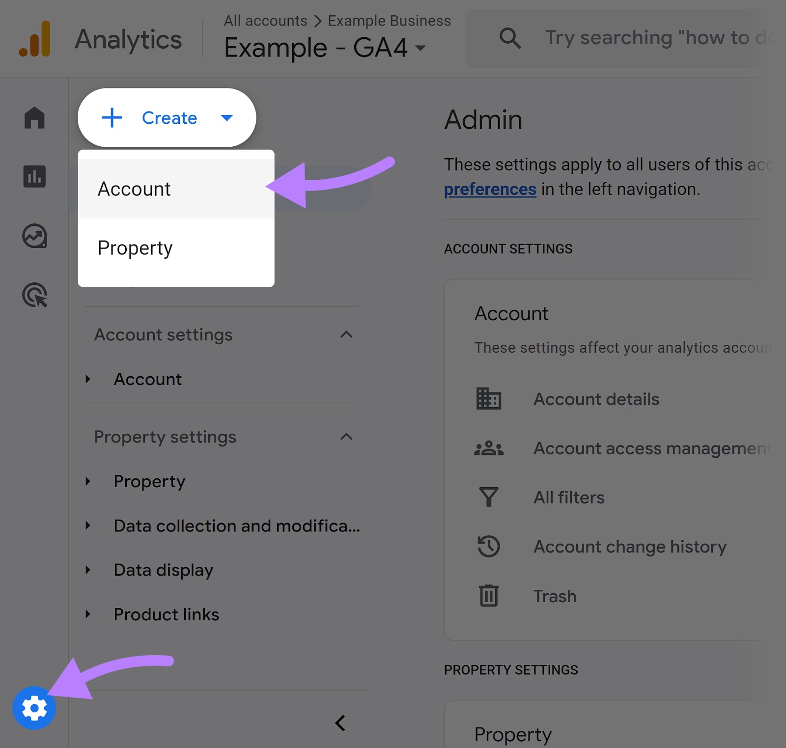 Create account buttons in Google Analytics 4