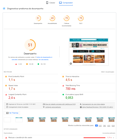 opções de otimizações disponiveis no pagespeed insights