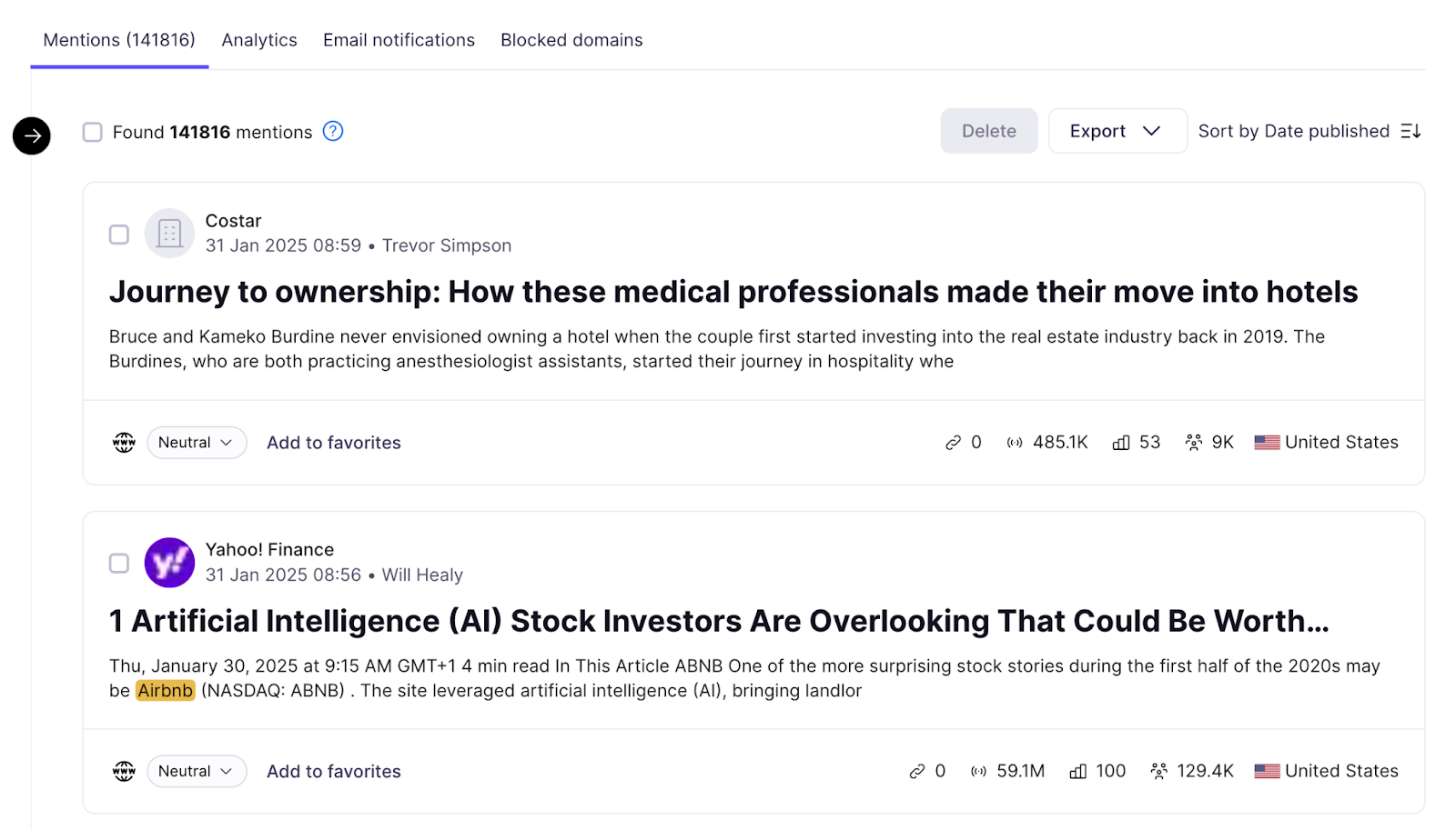 Brand mentions are listed with sentiment and other helpful metrics.