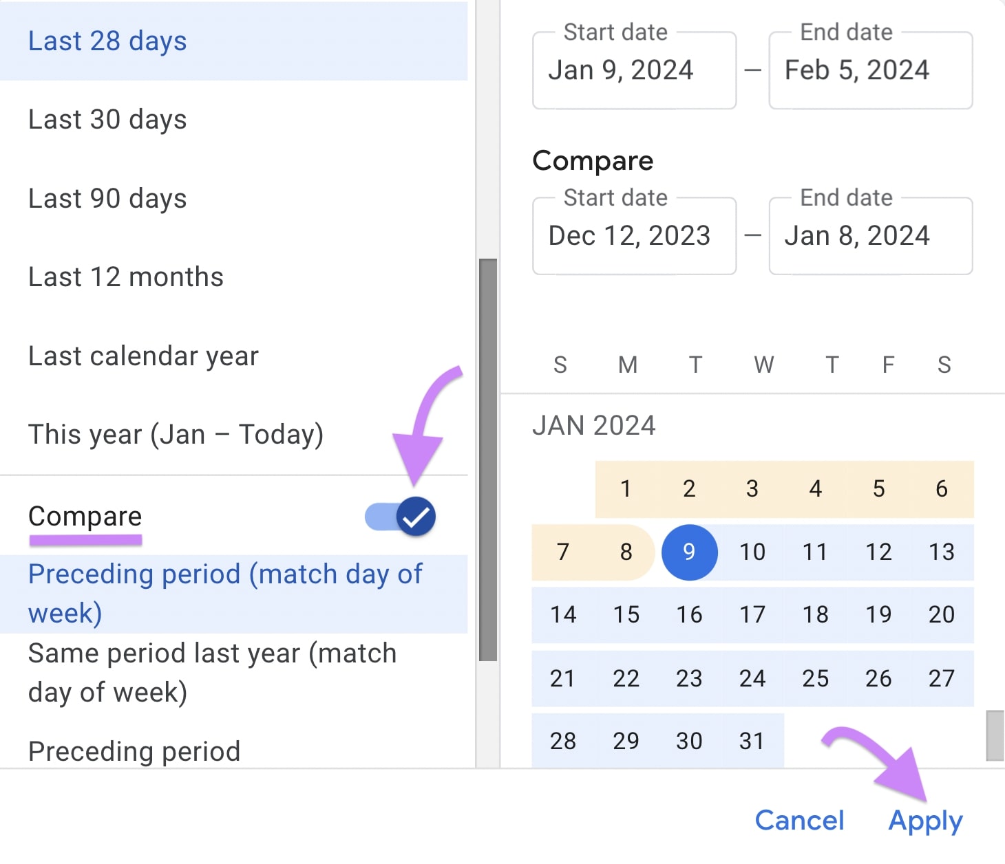 Personalizza la finestra delle date