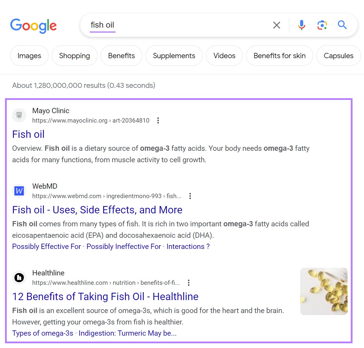 Googleの「魚油」のSERP" クエリ