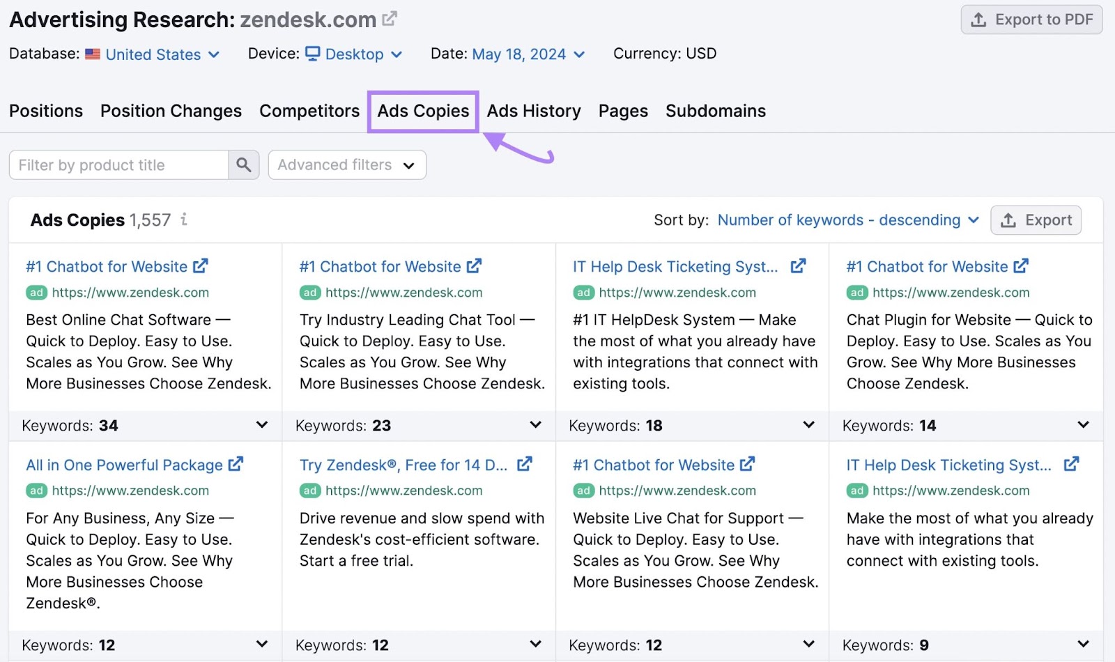 Herramienta de investigación publicitaria de Semrush Pestaña de copias de anuncios con ocho ejemplos de anuncios en directo para Zendesk