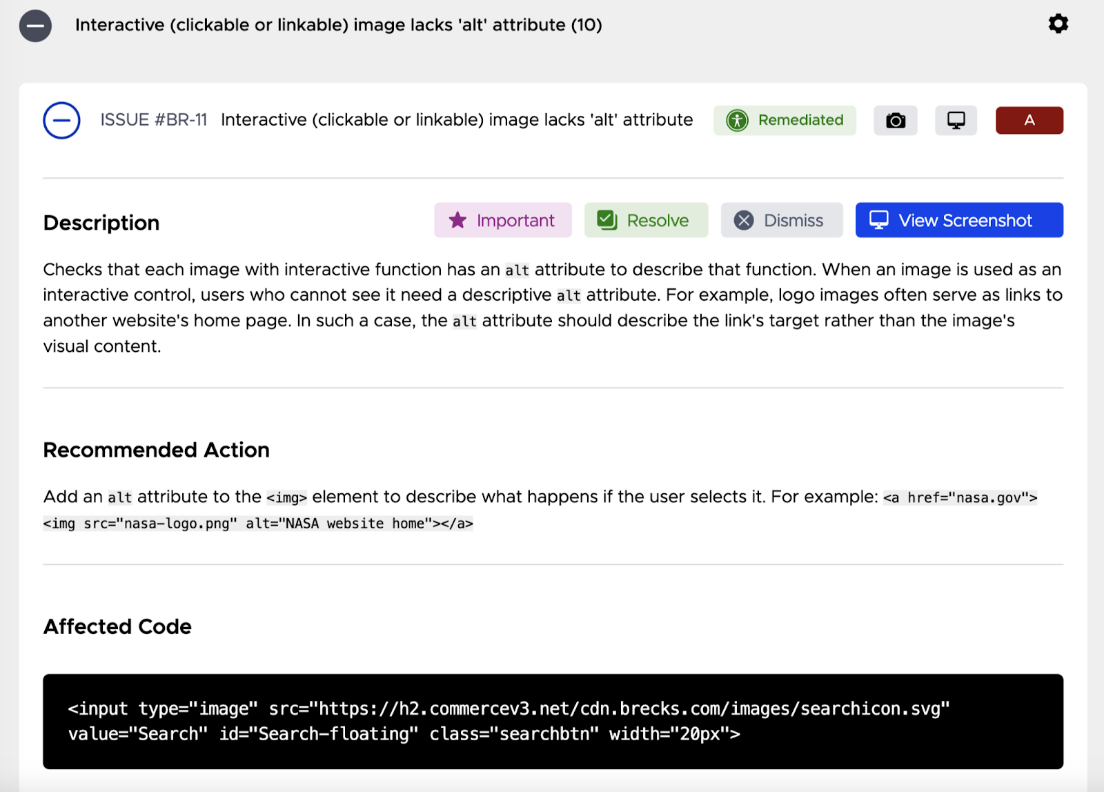 "La imagen interactiva (clicable o enlazable) carece del atributo "alt"" página de infracción