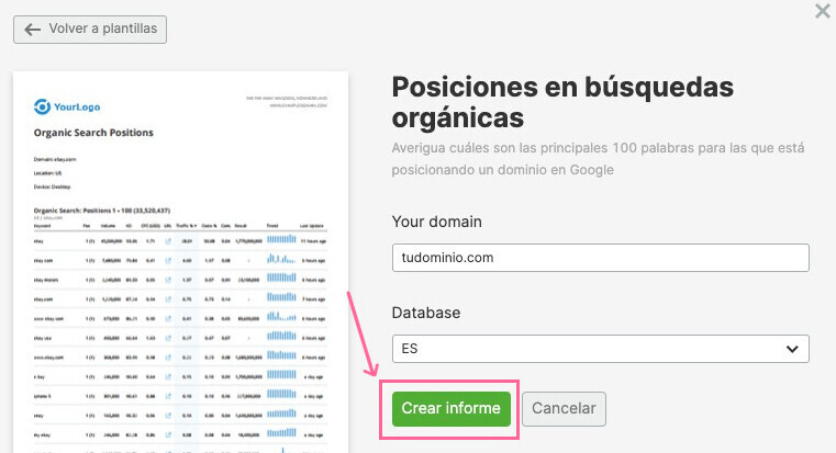 Crea un informe de posiciones orgánicas.