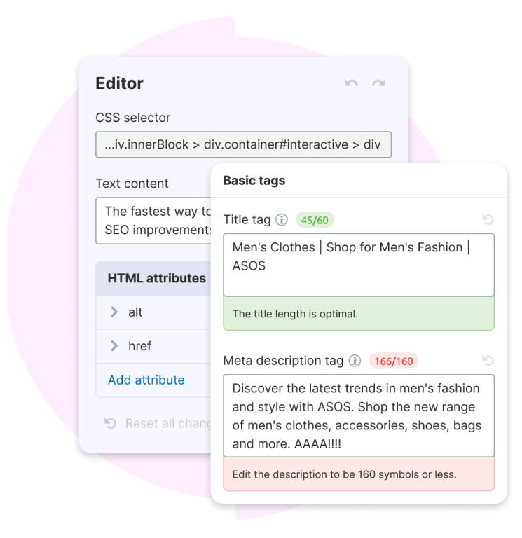 Print screen showing editing tags from the browser with PageImprove