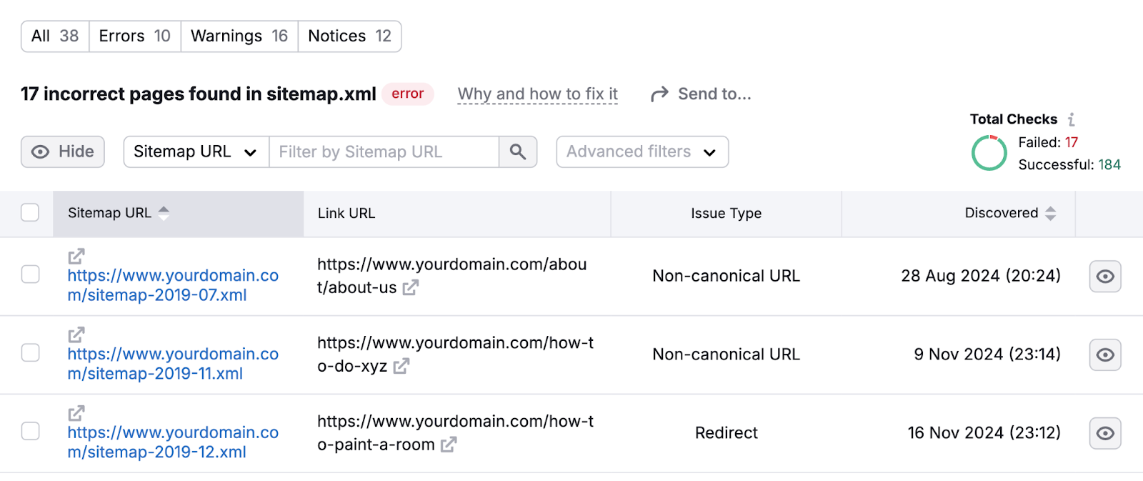 la liste des pages affectées comprend l'URL du sitemap, l'URL du lien et le type de problème
