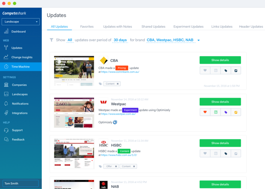 página da competeshark monitorando mudanças nos sites em tempo real