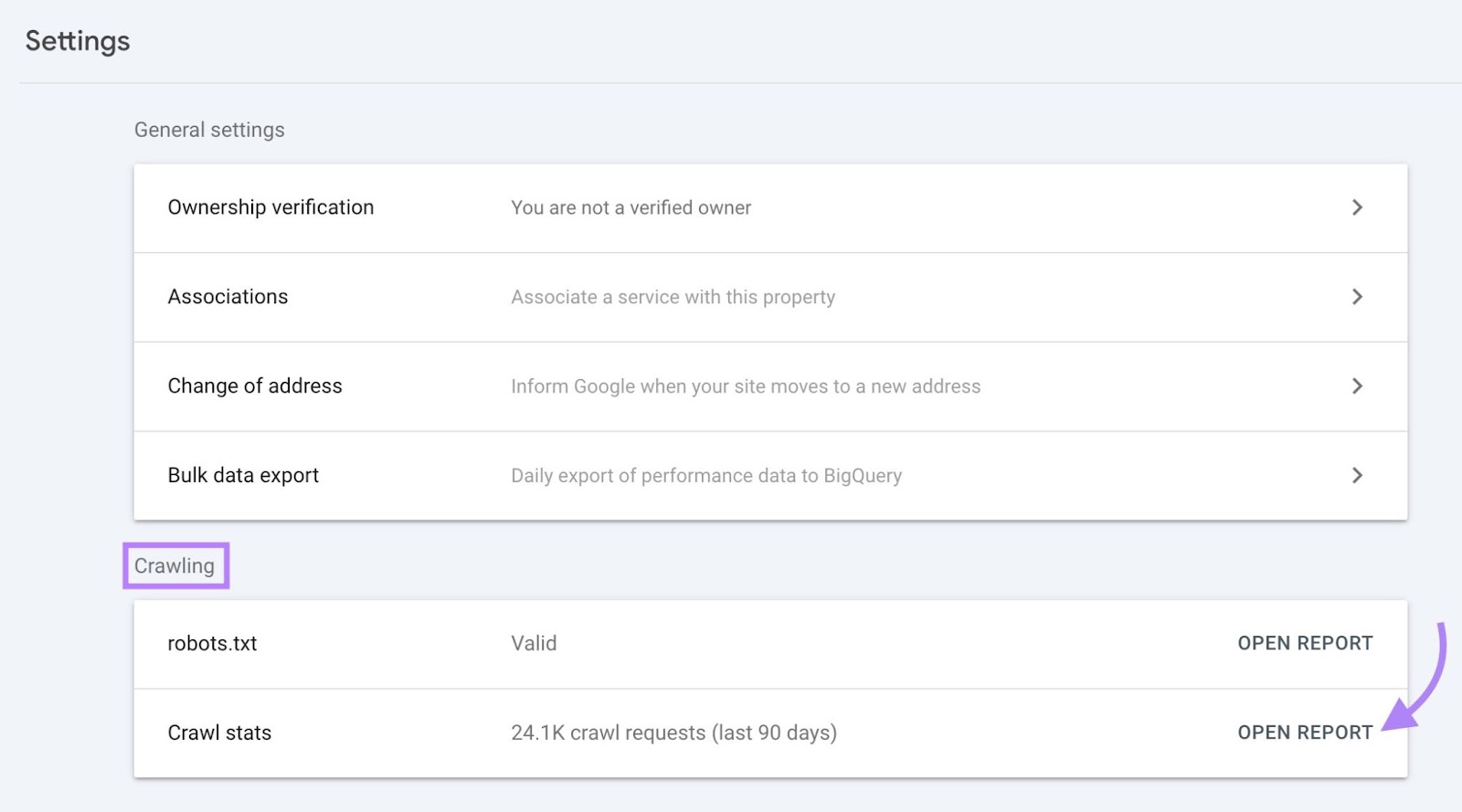 Settings on Google Search Console with the "Crawling" section highlighted and "Open Report" clicked.