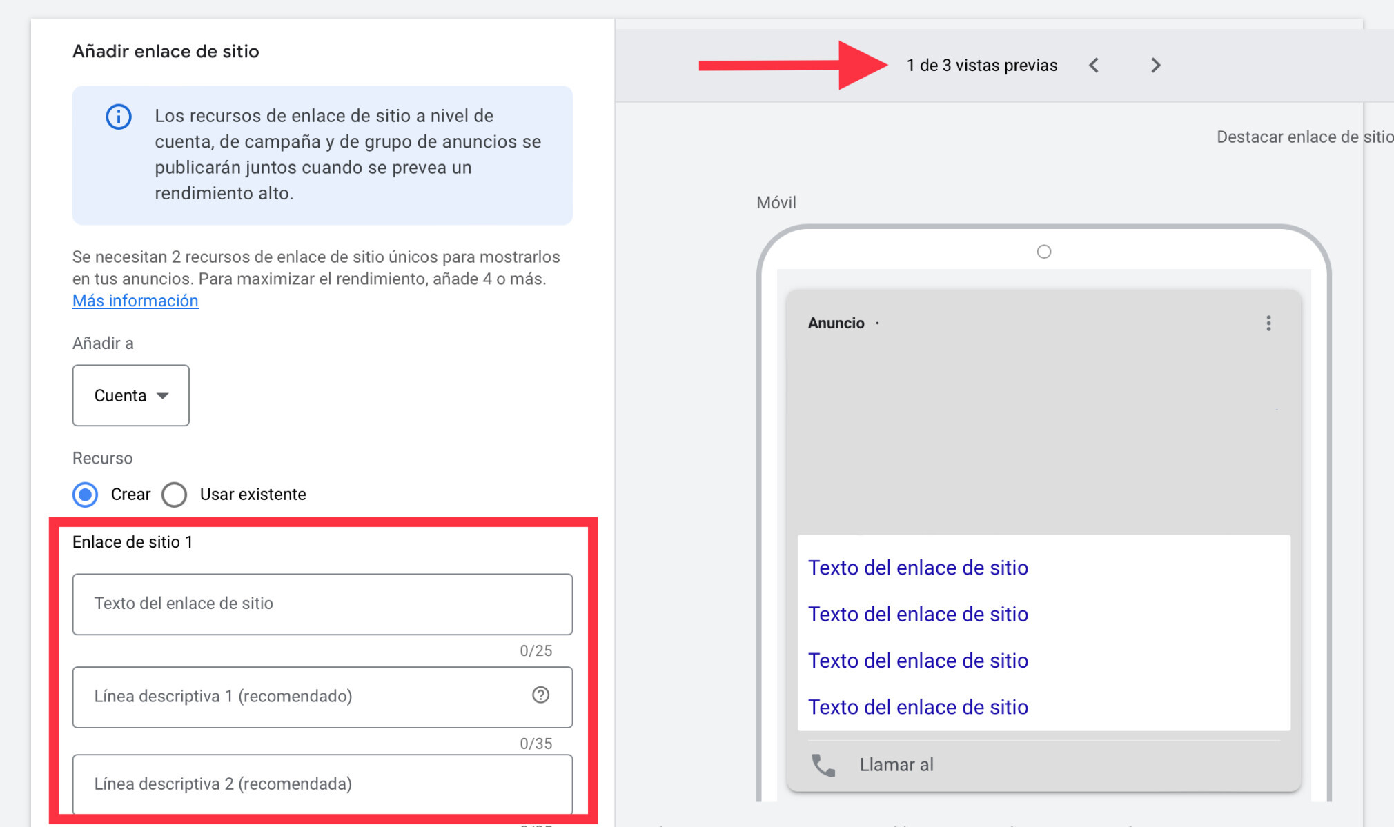 Crea tus sitelinks rellenando