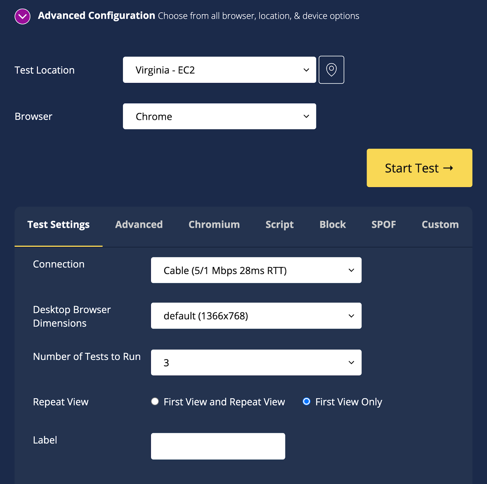 Configuración avanzada en WebPage Test