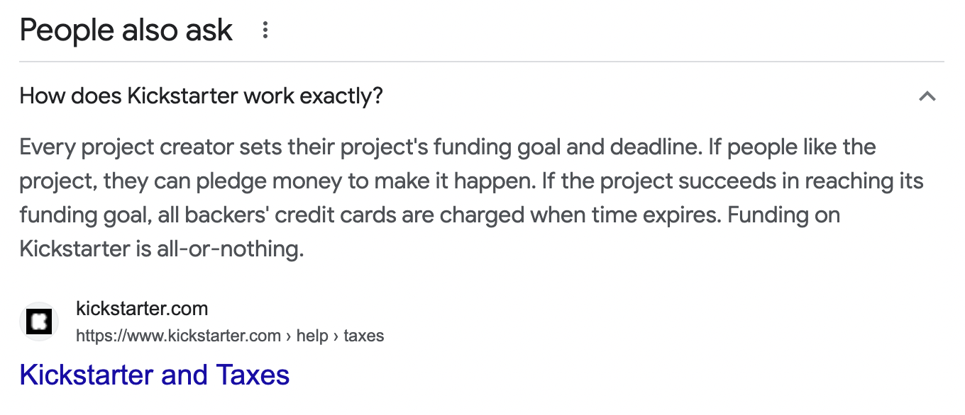 "¿Cómo funciona exactamente Kickstarted?" pregunta en la sección "La gente también pregunta"
