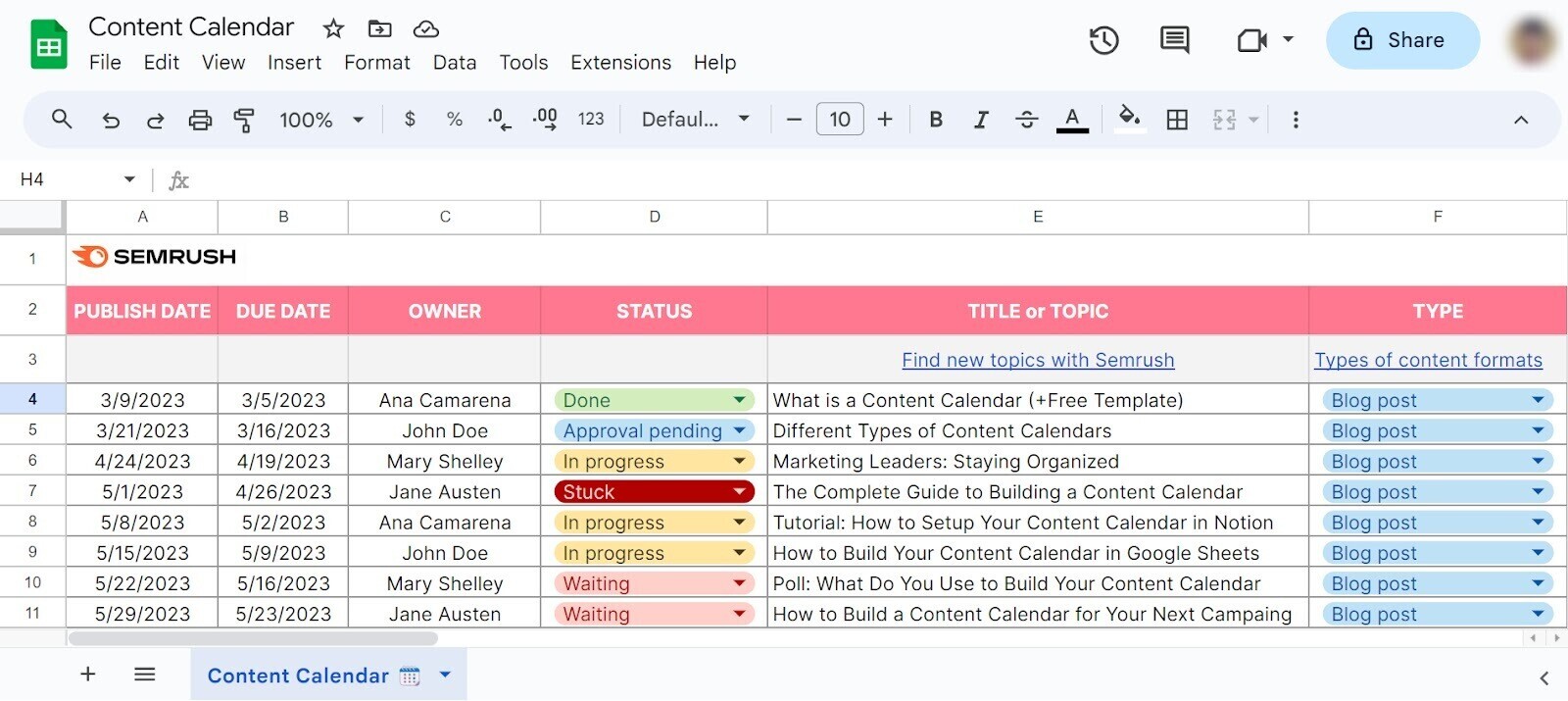 Il calendario dei contenuti di Semrush creato in Google Sheets