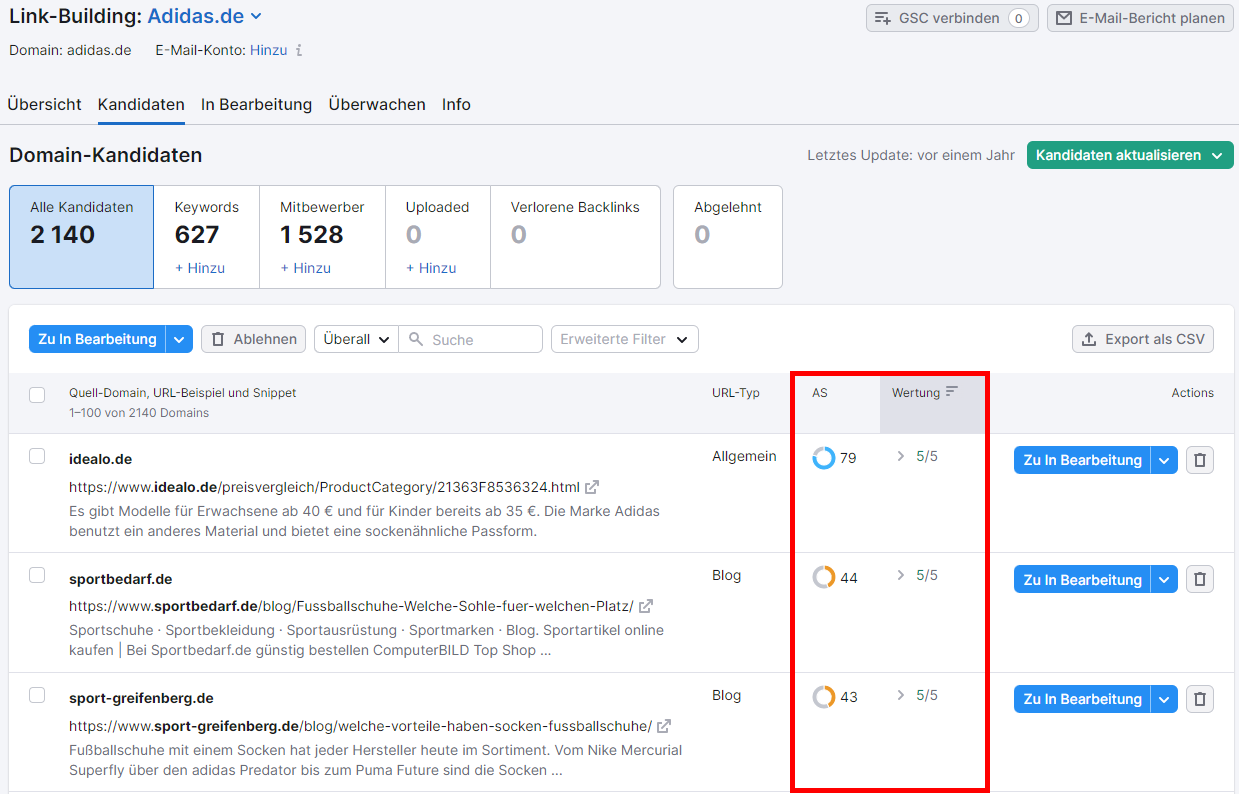 Backlink-Kandidaten nach Wertung