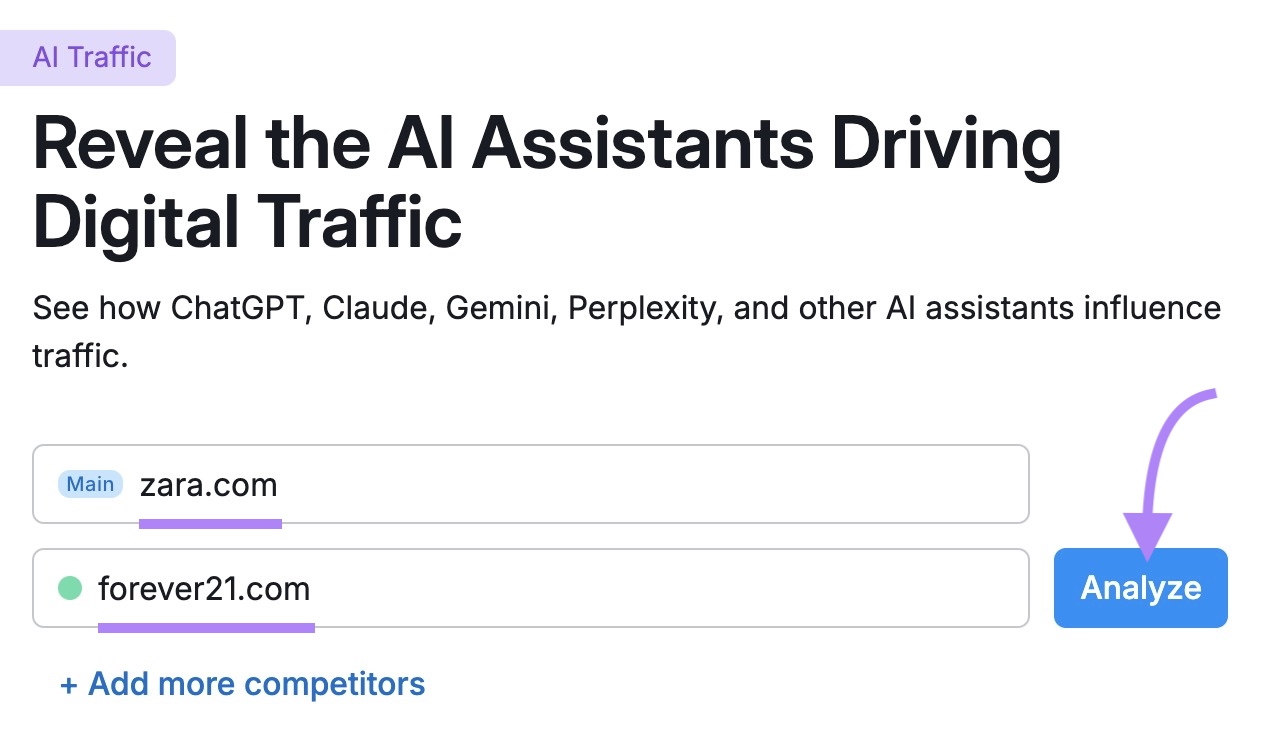 Das AI Traffic Tool beginnt mit der Eingabe zweier konkurrierender Domains und dem Klick auf „Analysieren“.