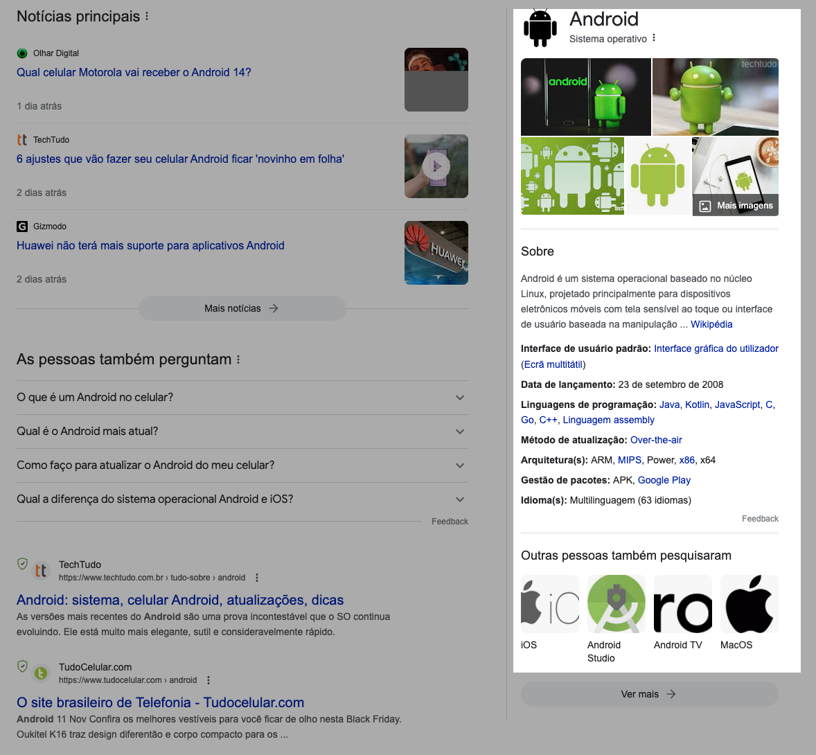 Painel de informações sobre Android