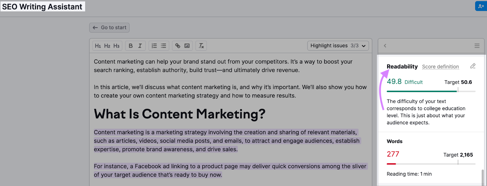 Editor SEO Writing Assistant con la sección "Legibilidad" resaltada
