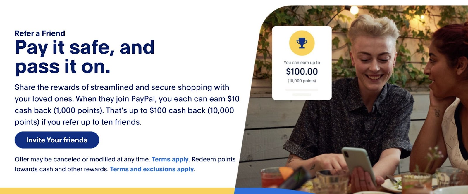 Página de inicio de PayPal "Recomienda a un amigo"