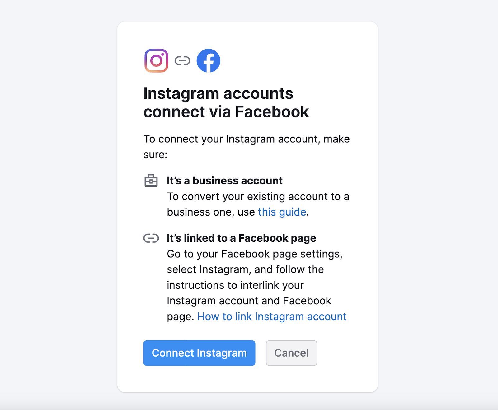 Message que vous voyez juste avant de connecter votre compte Instagram à « Semrush Social ».