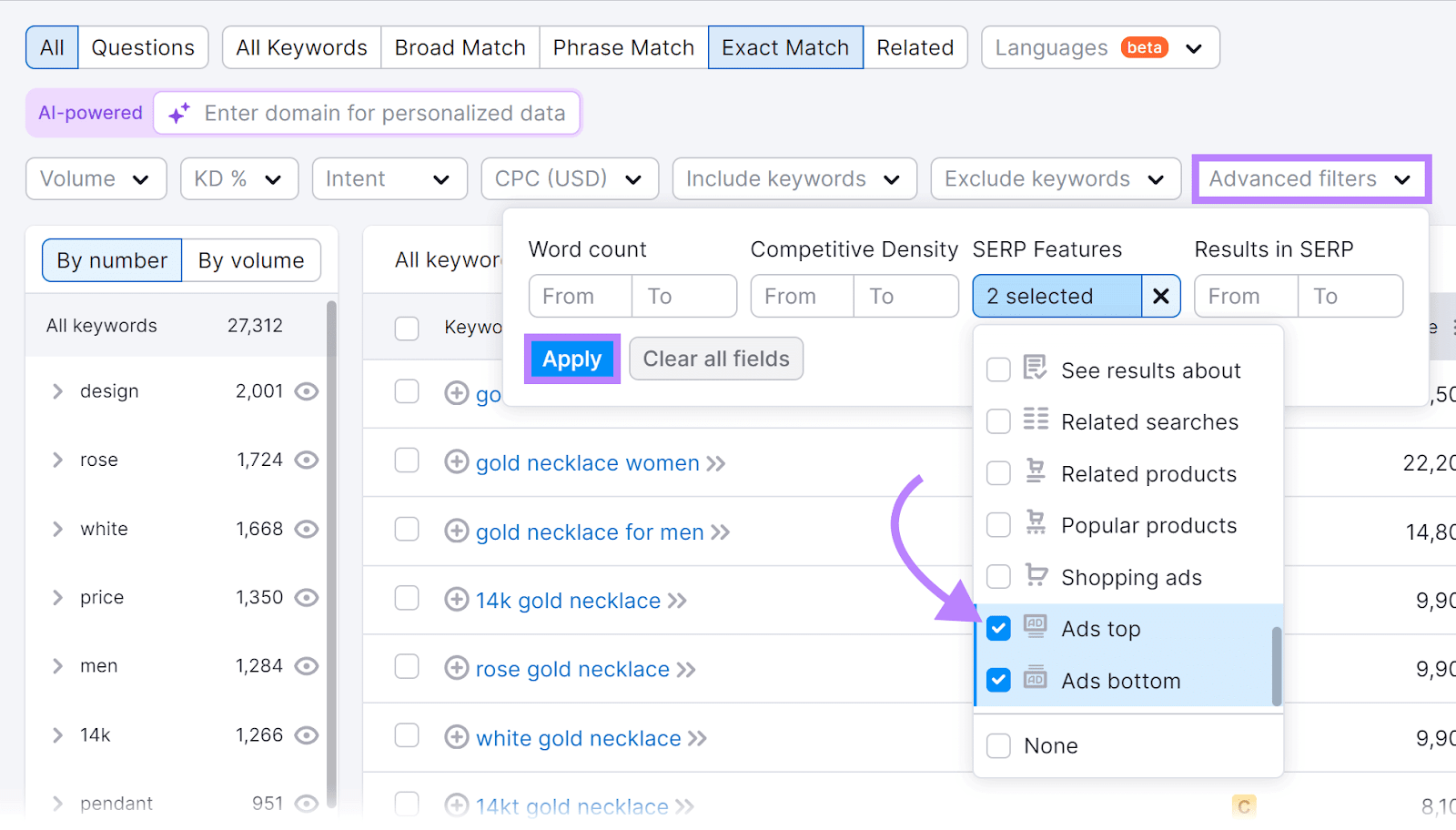 Filtros avançados da Semrush Keyword Magic Tool abertos, recursos de SERP de anúncios no topo e anúncios na parte inferior selecionados e o botão Aplicar em destaque