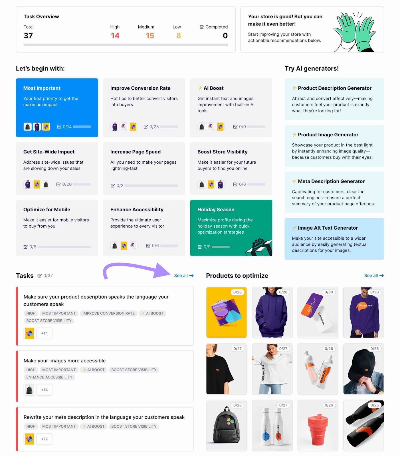 Ver todas las tareas en Ecommerce Booster