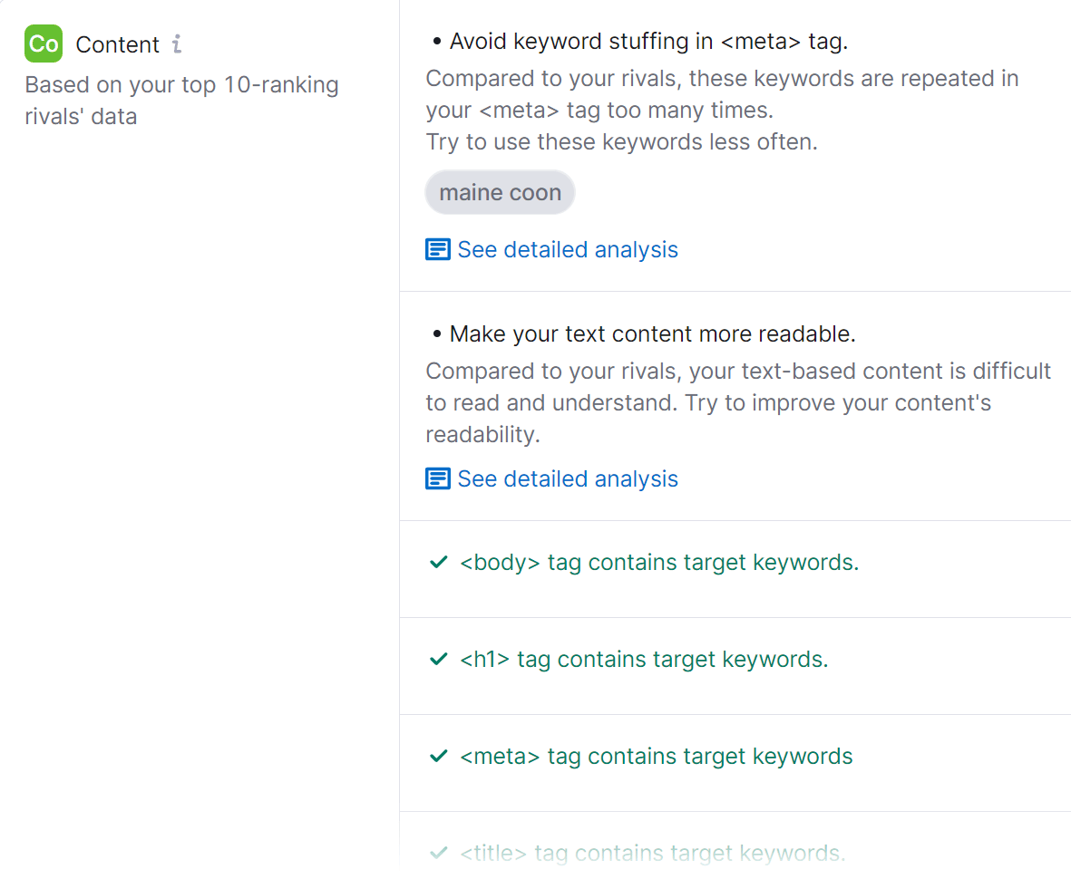Vista ampliada de ideas para la optimización de contenido.