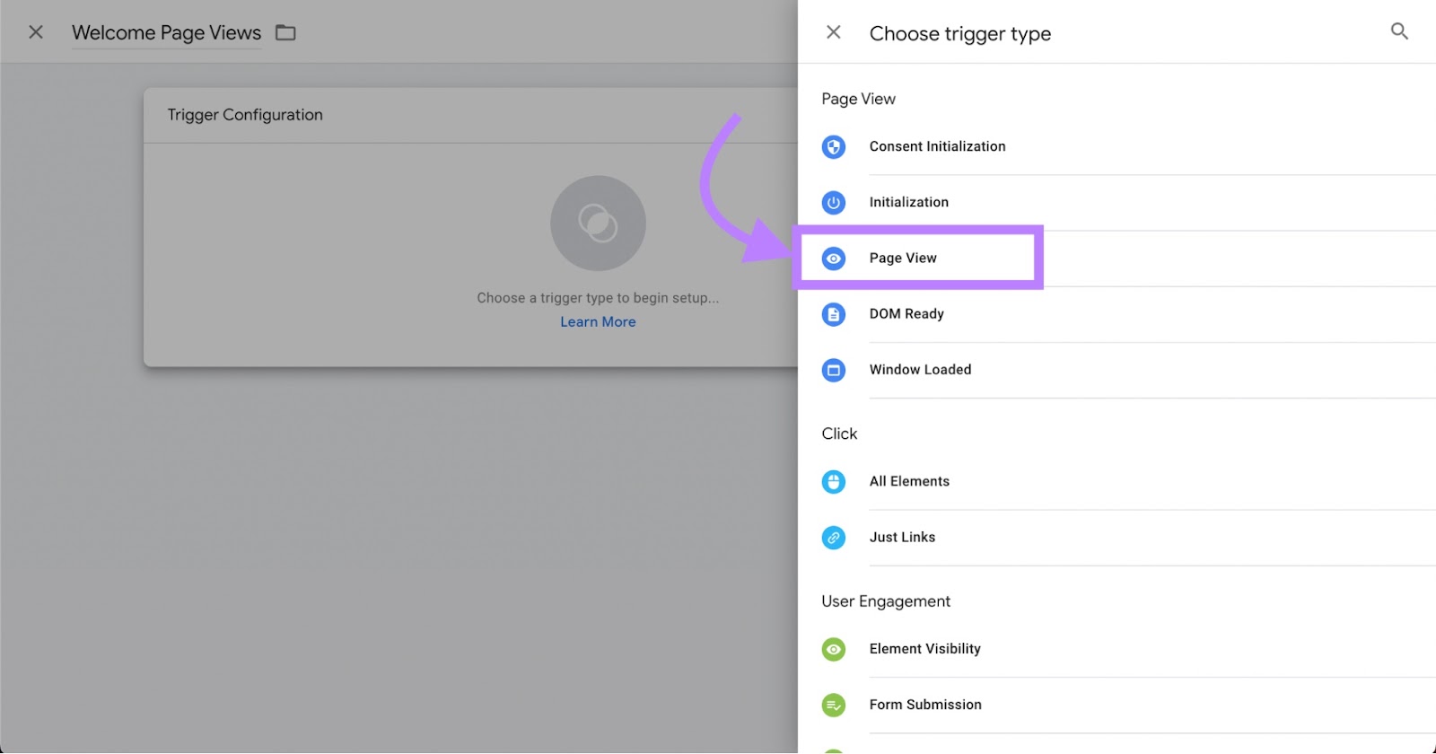 "Page View" selecionado no menu "Choose trigger type" (Escolher tipo de acionador)
