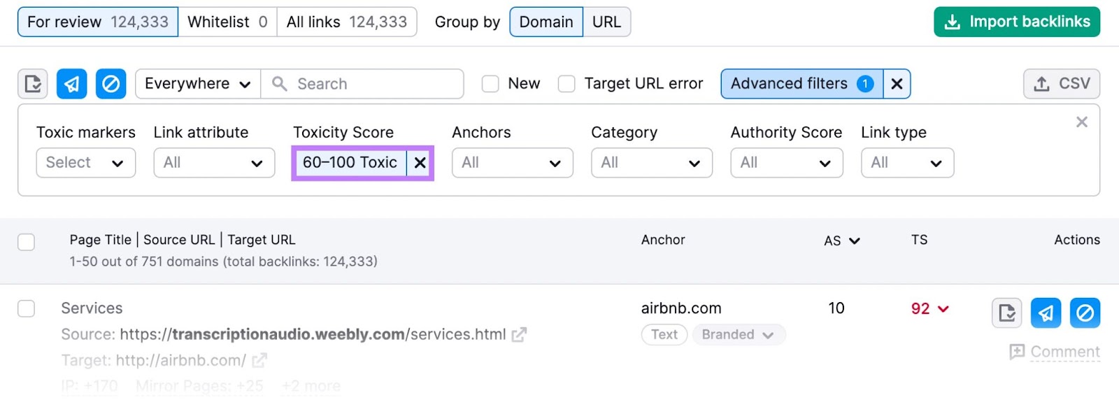 Filtro "Puntuación de toxicidad" ajustado a "60-100 Tóxico"
